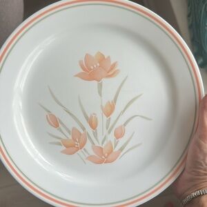 # 5 Corningware Peach Floral Dinner Plates Like New